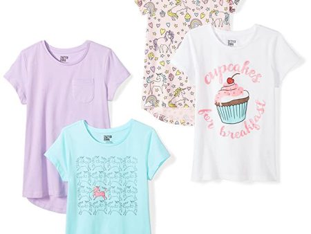 Amazon Essentials Camisetas de Manga Corta (Previamente Spotted Zebra) Niña, Pack de 4, Morado Azul Blanco, Magdalena Unicornio, 9 años Fashion